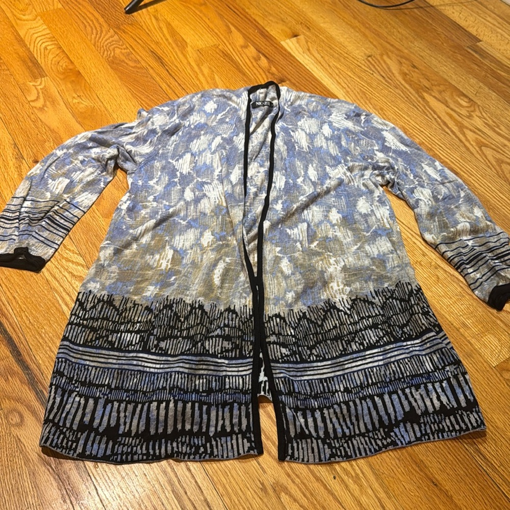 NIC+ZOE Blue Gray Patterned Open-Front Cardigan
